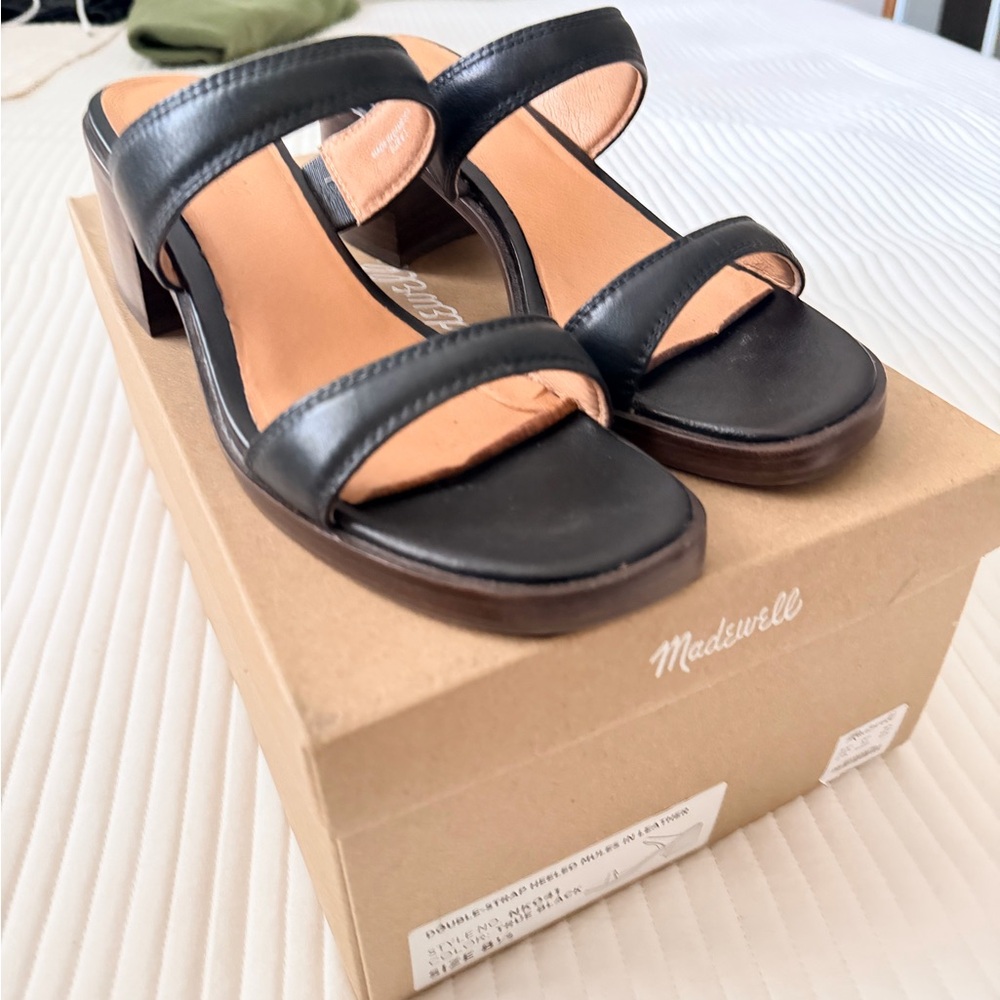 Madewell Saige Double Strapped Heeled Mules Leather Black Leather Sandals - Picture 4 of 7